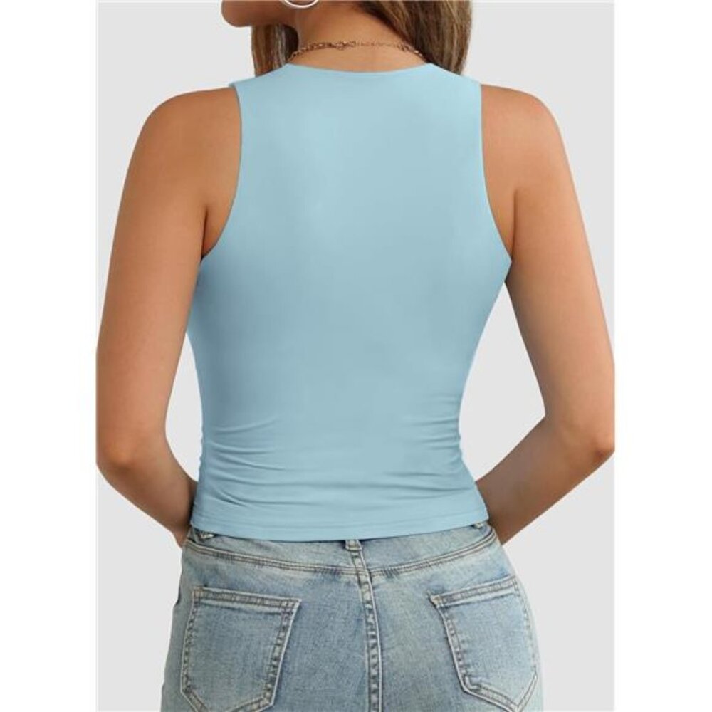 Womens Double Lined Crop Tank Tops Casual Basic Shirts Sleeveless Light Blue - Picture 3 of 6